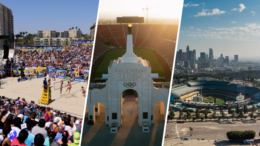 Alamitos Beach in Long Beach, Los Angeles Memorial Coliseum and Dodger Stadium are pictured.